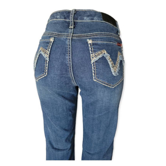 Seven7 Mid Rise Bootcut Flare Rhinestone Pocket Medium Wash Jeans Size 32 - Picture 7 of 12